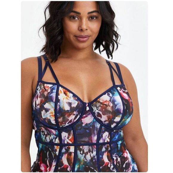 Torrid blue floral galaxy mesh piping bodysuit - Picture 6 of 8